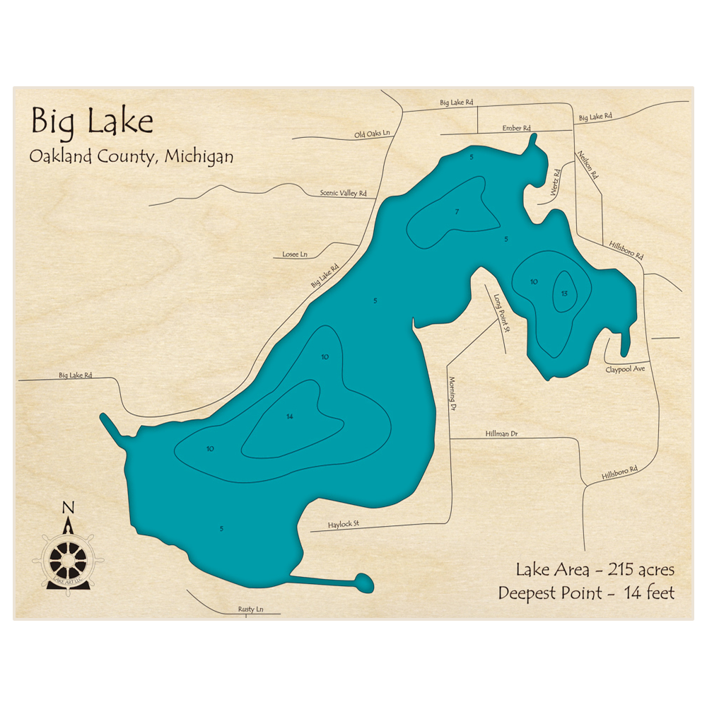 Bathymetric topo map of Big Lake with roads, towns and depths noted in blue water