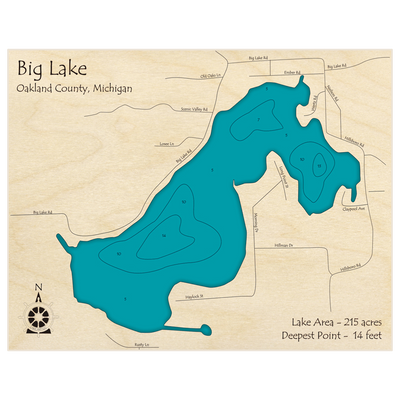 Bathymetric topo map of Big Lake with roads, towns and depths noted in blue water