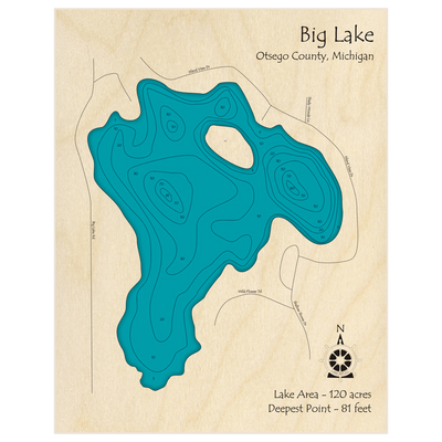 Bathymetric topo map of Big Lake with roads, towns and depths noted in blue water