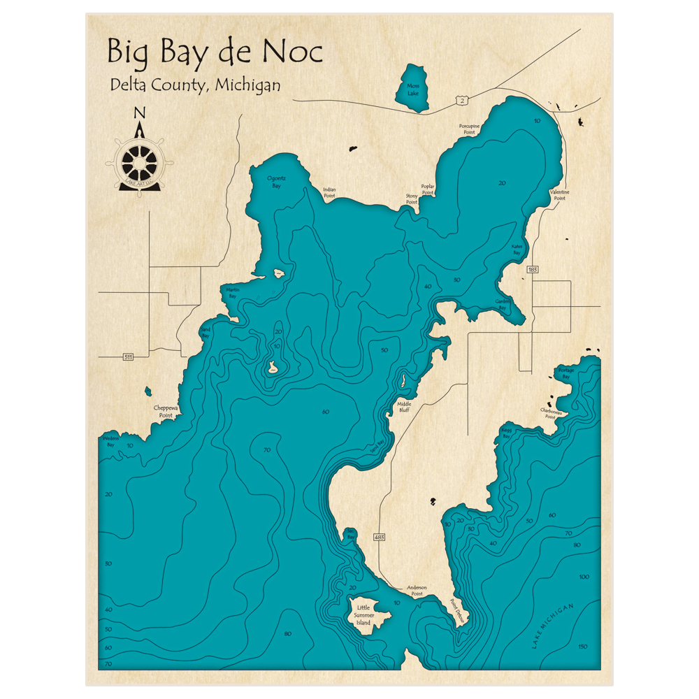 Big Bay de Noc 3D Custom Wood Map – Lake Art LLC