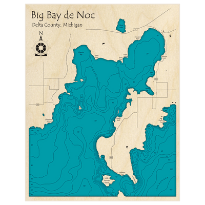 Bathymetric topo map of Big Bay de Noc with roads, towns and depths noted in blue water