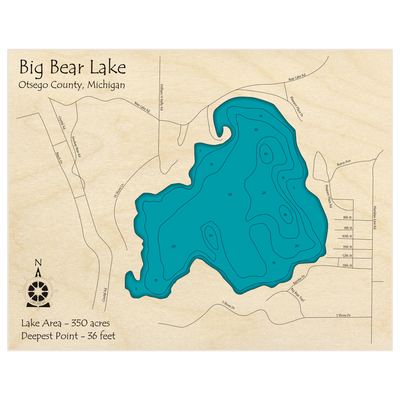 Bathymetric topo map of Big Bear Lake with roads, towns and depths noted in blue water