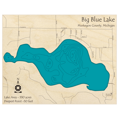 Bathymetric topo map of Big Blue Lake with roads, towns and depths noted in blue water