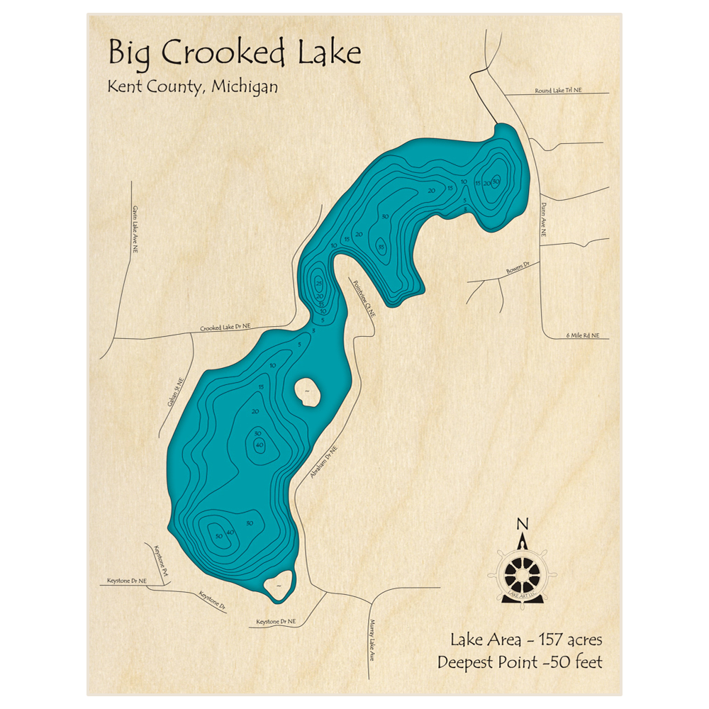 Bathymetric topo map of Big Crooked Lake with roads, towns and depths noted in blue water