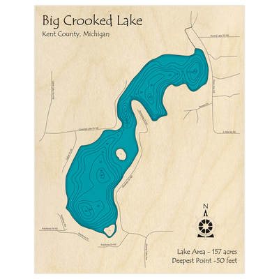 Bathymetric topo map of Big Crooked Lake with roads, towns and depths noted in blue water