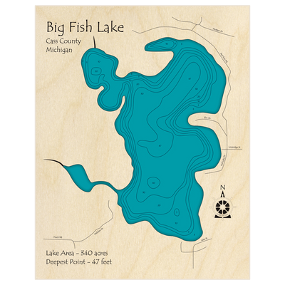 Bathymetric topo map of Big Fish Lake with roads, towns and depths noted in blue water