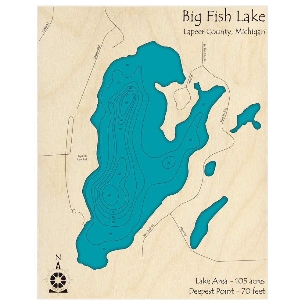 Bathymetric topo map of Big Fish Lake with roads, towns and depths noted in blue water