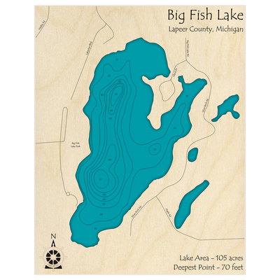 Bathymetric topo map of Big Fish Lake with roads, towns and depths noted in blue water