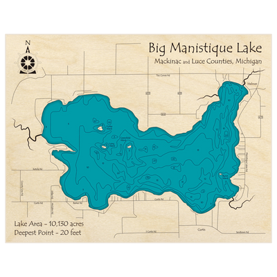 Bathymetric topo map of Big Manistique Lake with roads, towns and depths noted in blue water