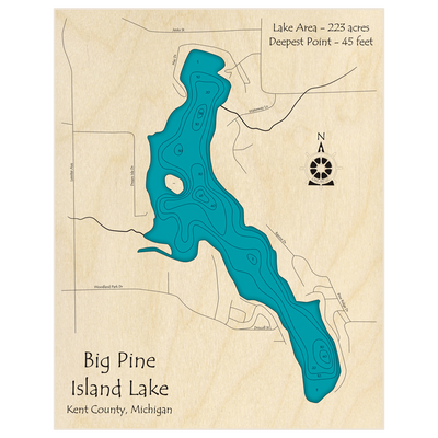 Bathymetric topo map of Big Pine Island Lake with roads, towns and depths noted in blue water