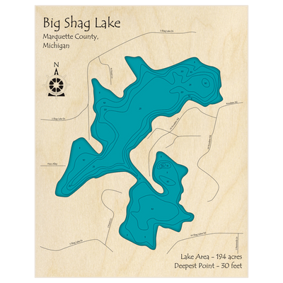 Bathymetric topo map of Big Shag Lake with roads, towns and depths noted in blue water