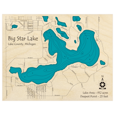 Bathymetric topo map of Big Star Lake with roads, towns and depths noted in blue water