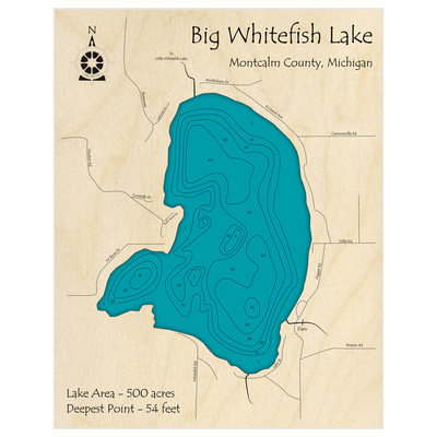 Bathymetric topo map of Big Whitefish Lake with roads, towns and depths noted in blue water