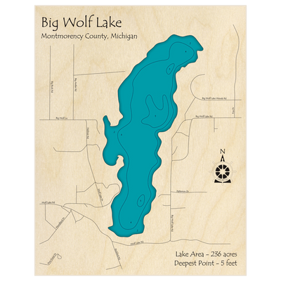 Bathymetric topo map of Big Wolf Lake with roads, towns and depths noted in blue water