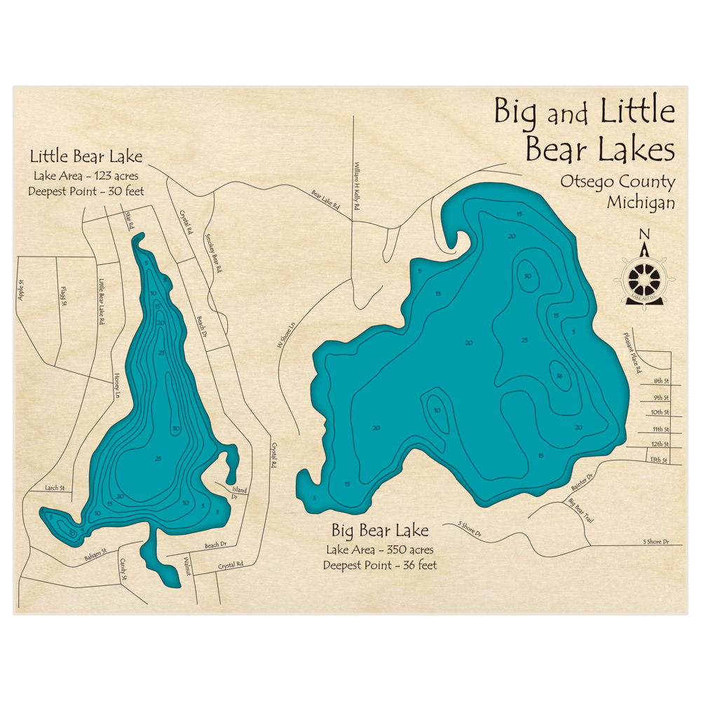 Bathymetric topo map of Big and Little Bear Lakes with roads, towns and depths noted in blue water