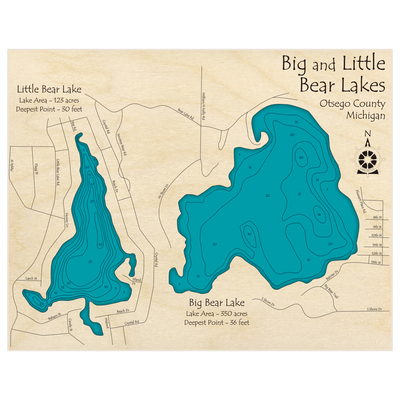 Bathymetric topo map of Big and Little Bear Lakes with roads, towns and depths noted in blue water