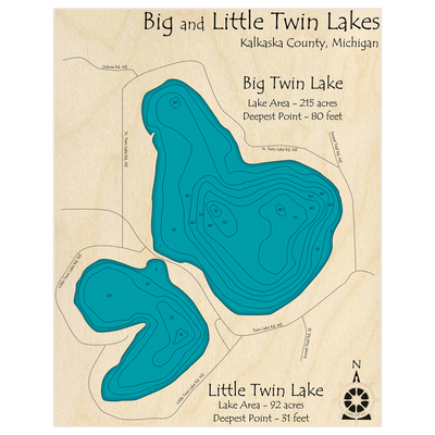 Bathymetric topo map of Big and Little Twin Lakes with roads, towns and depths noted in blue water