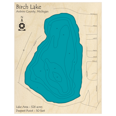 Bathymetric topo map of Birch Lake with roads, towns and depths noted in blue water