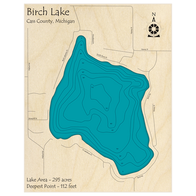 Bathymetric topo map of Birch Lake with roads, towns and depths noted in blue water