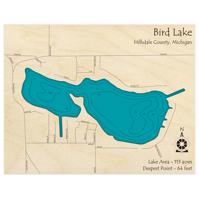 Bathymetric topo map of Bird Lake with roads, towns and depths noted in blue water