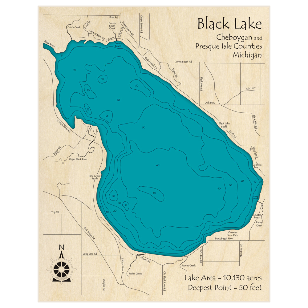 Bathymetric topo map of Black Lake with roads, towns and depths noted in blue water