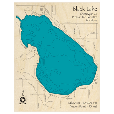 Bathymetric topo map of Black Lake with roads, towns and depths noted in blue water