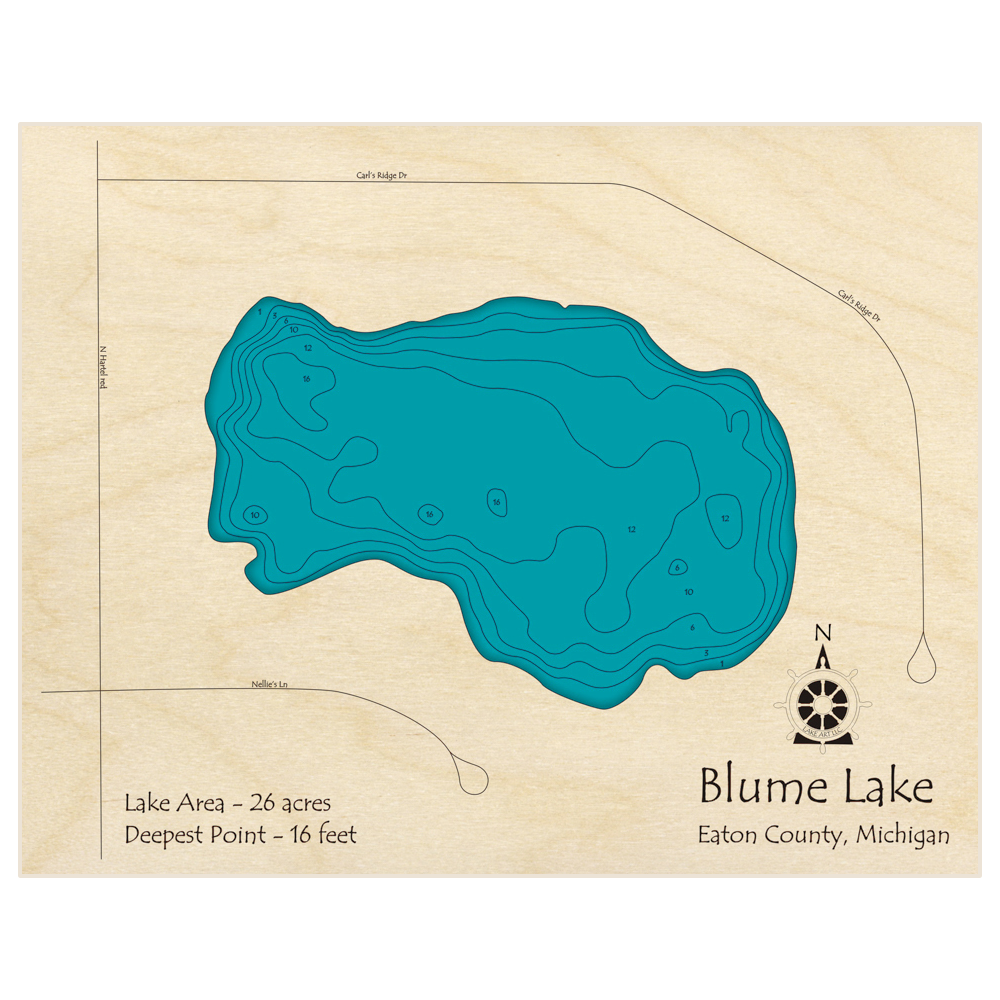 Bathymetric topo map of Blume Lake with roads, towns and depths noted in blue water