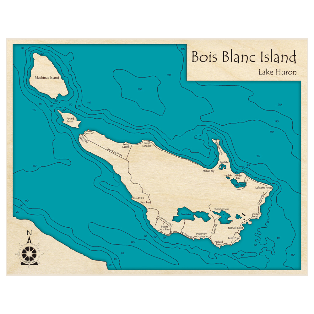 Bathymetric topo map of Bois Blanc Island with roads, towns and depths noted in blue water