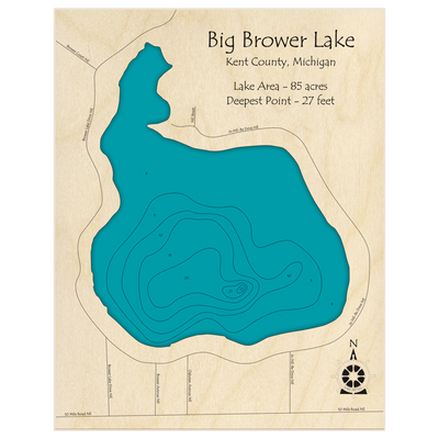 Bathymetric topo map of Big Brower Lake with roads, towns and depths noted in blue water