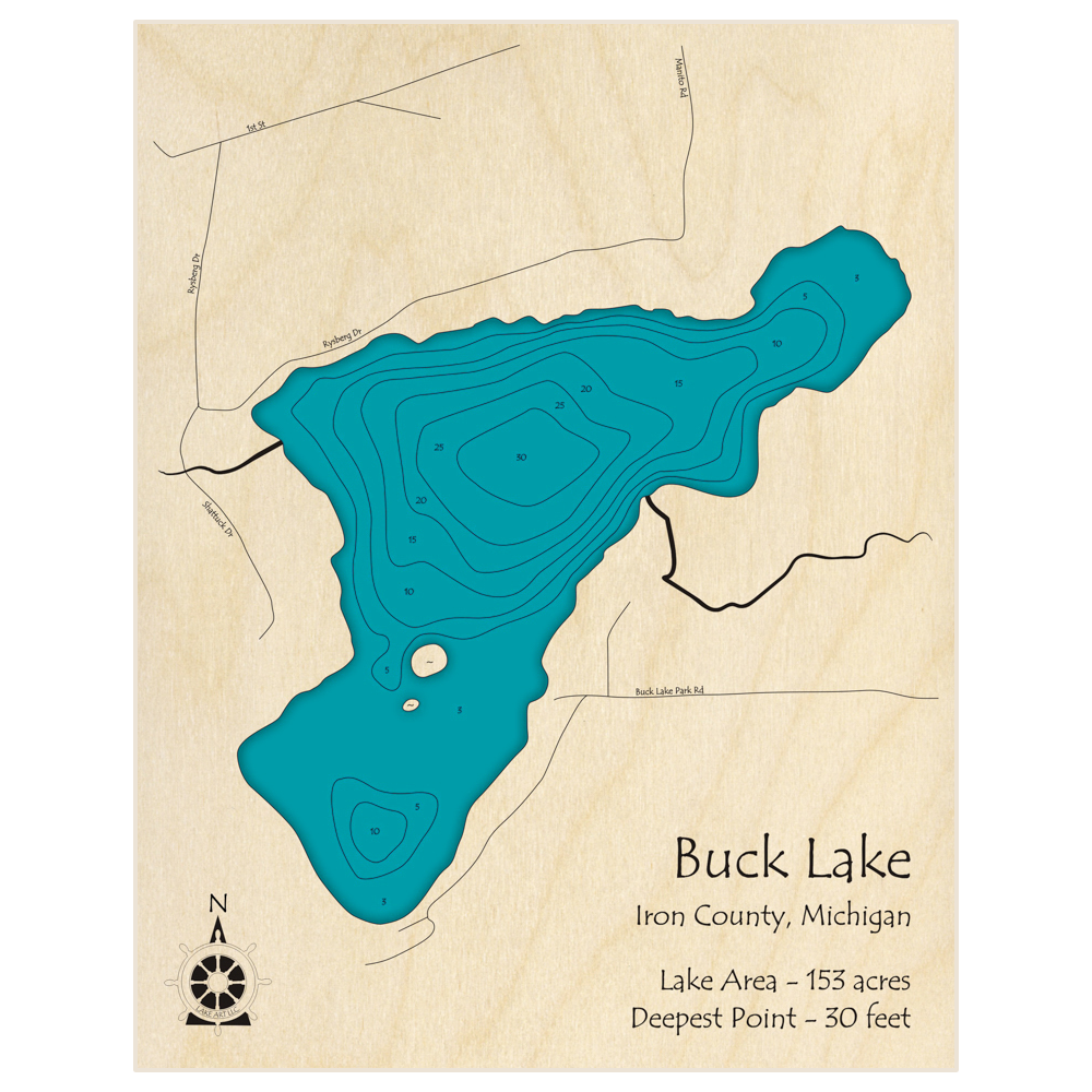 Bathymetric topo map of Buck Lake with roads, towns and depths noted in blue water