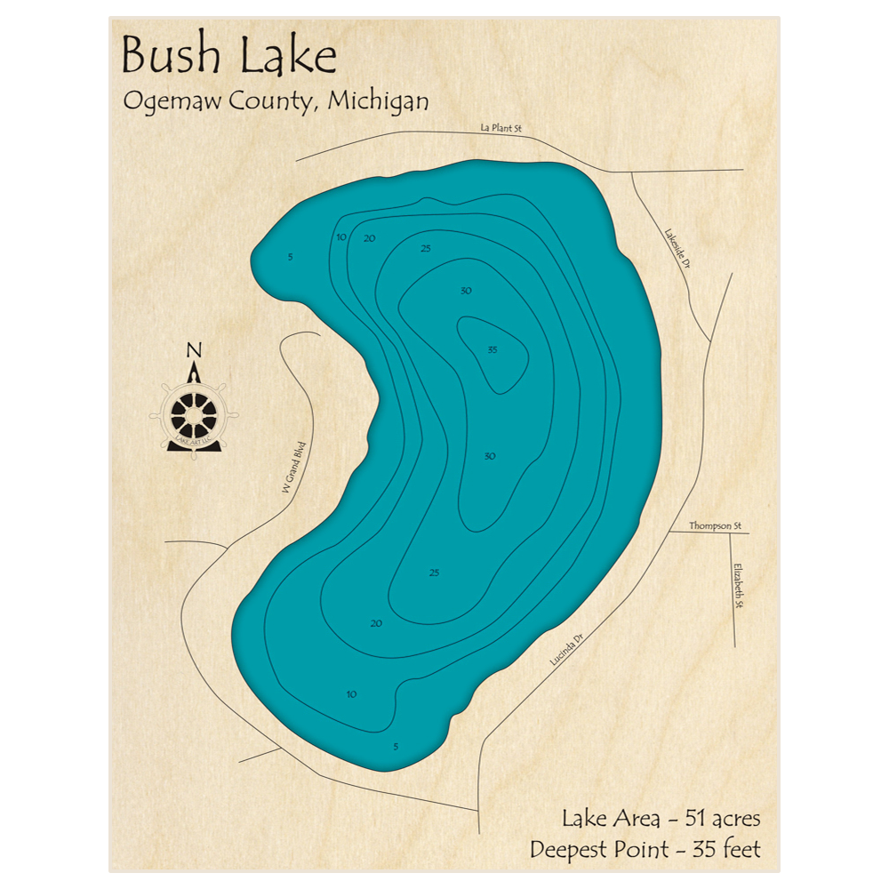 Bathymetric topo map of Bush Lake with roads, towns and depths noted in blue water