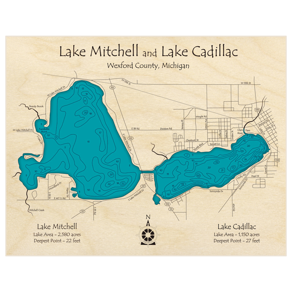 Bathymetric topo map of Lake Cadillac and Lake Mitchell with roads, towns and depths noted in blue water