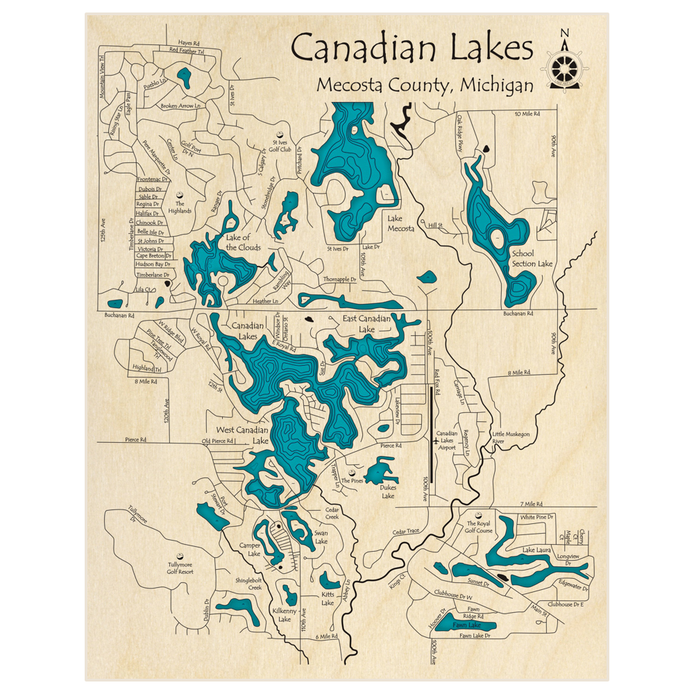 Bathymetric topo map of Canadian Lakes (Extended) with roads, towns and depths noted in blue water