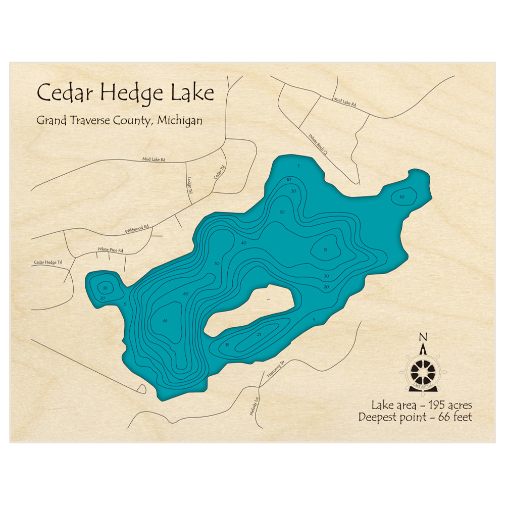 Bathymetric topo map of Cedar Hedge Lake with roads, towns and depths noted in blue water