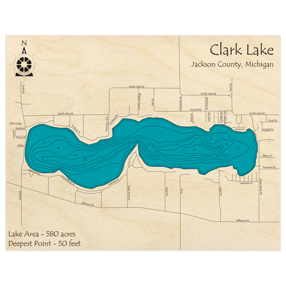 Bathymetric topo map of Clark Lake with roads, towns and depths noted in blue water