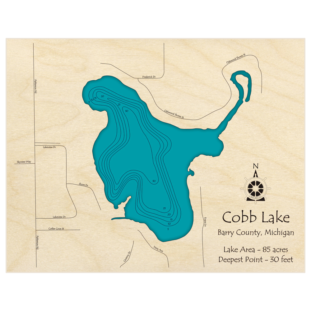 Bathymetric topo map of Cobb Lake with roads, towns and depths noted in blue water