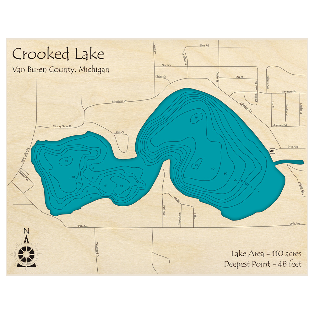 Bathymetric topo map of Crooked Lake with roads, towns and depths noted in blue water