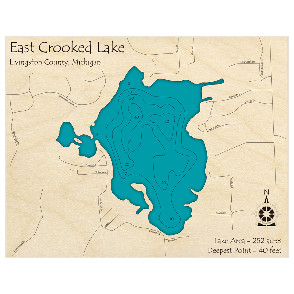 Bathymetric topo map of Crooked Lake (East) with roads, towns and depths noted in blue water