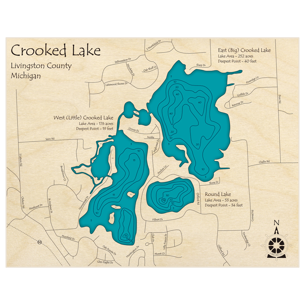 Bathymetric topo map of Crooked Lake (East and West) with roads, towns and depths noted in blue water