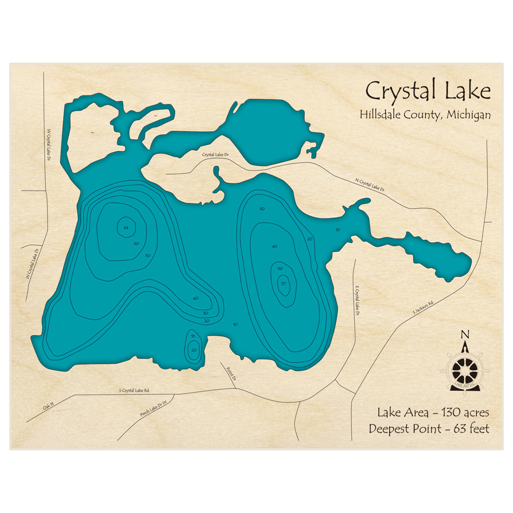 Bathymetric topo map of Crystal Lake with roads, towns and depths noted in blue water