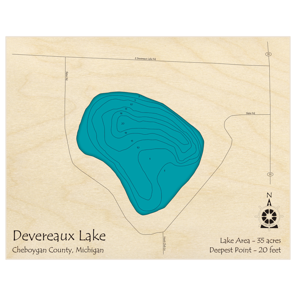 Bathymetric topo map of Devereaux Lake with roads, towns and depths noted in blue water