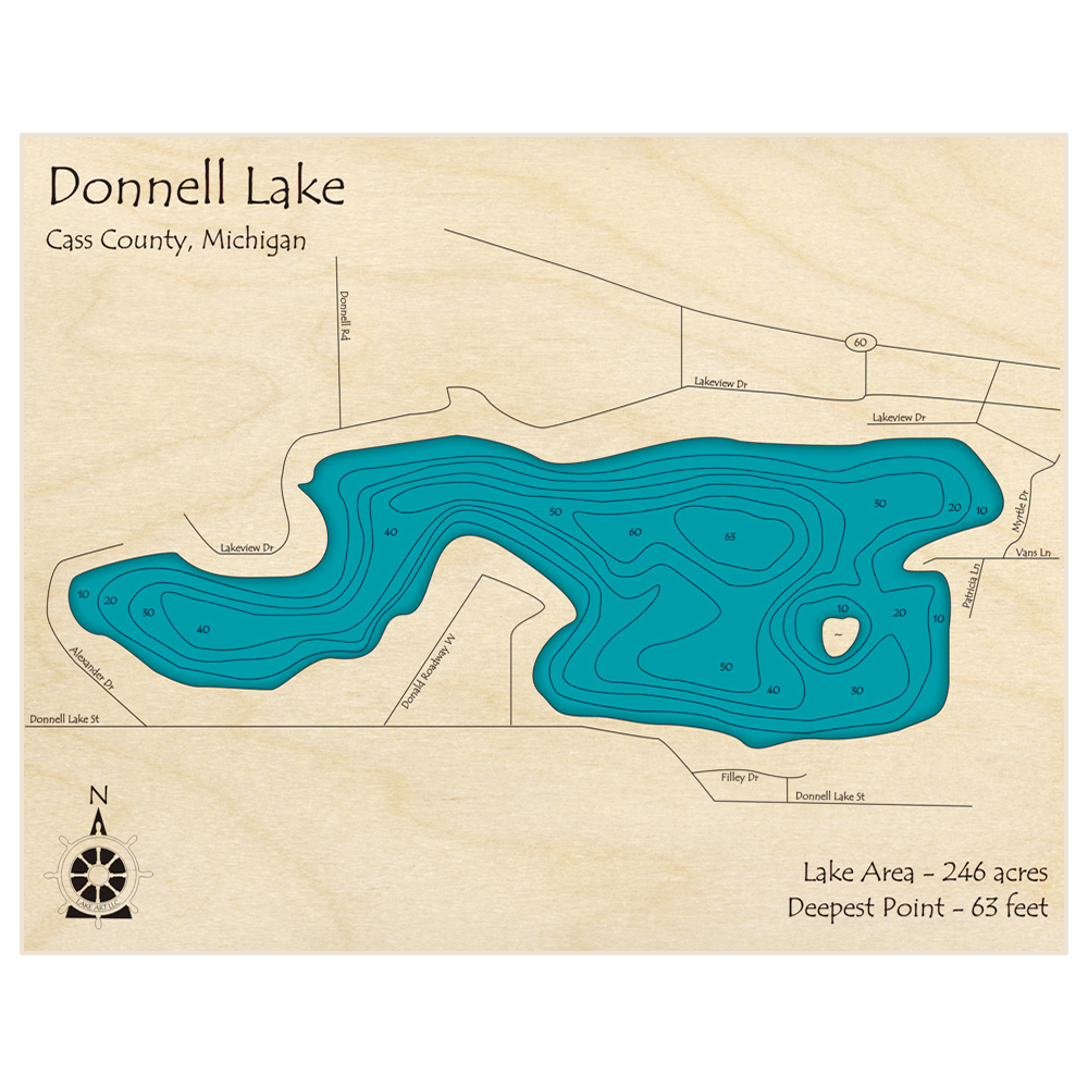 Bathymetric topo map of Donnell Lake with roads, towns and depths noted in blue water