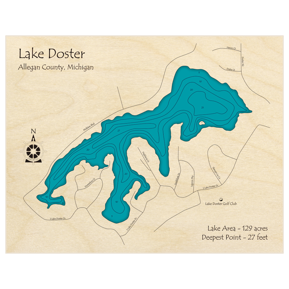 Bathymetric topo map of Lake Doster with roads, towns and depths noted in blue water