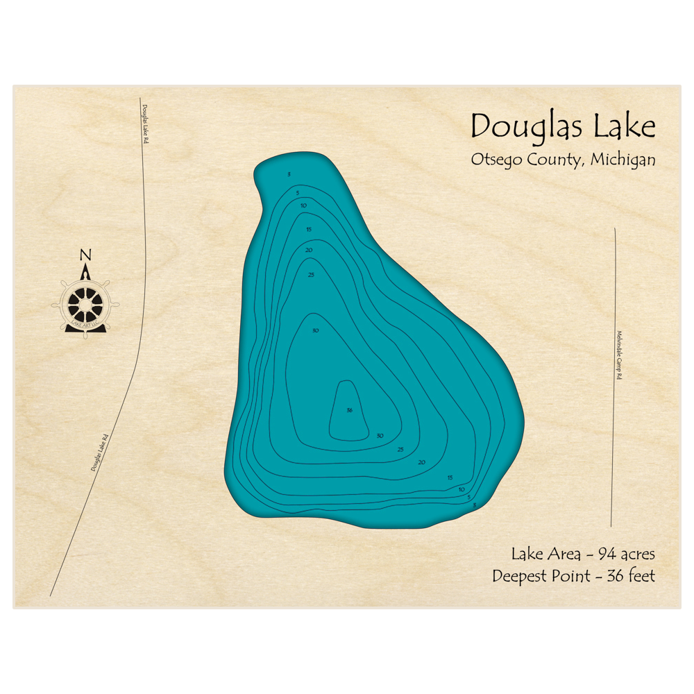 Bathymetric topo map of Douglas Lake with roads, towns and depths noted in blue water