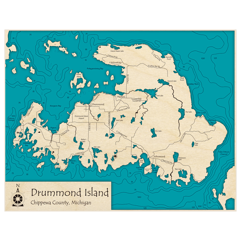 Bathymetric topo map of Drummond Island with roads, towns and depths noted in blue water