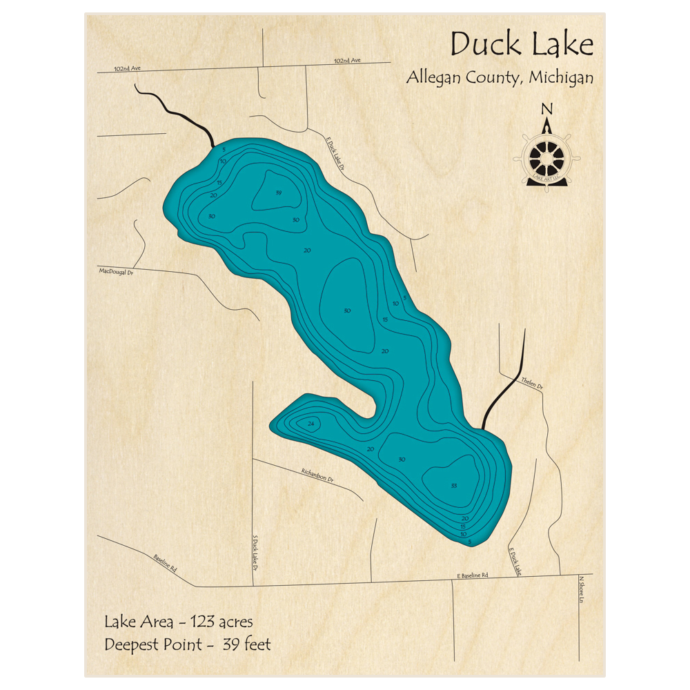 Bathymetric topo map of Duck Lake with roads, towns and depths noted in blue water