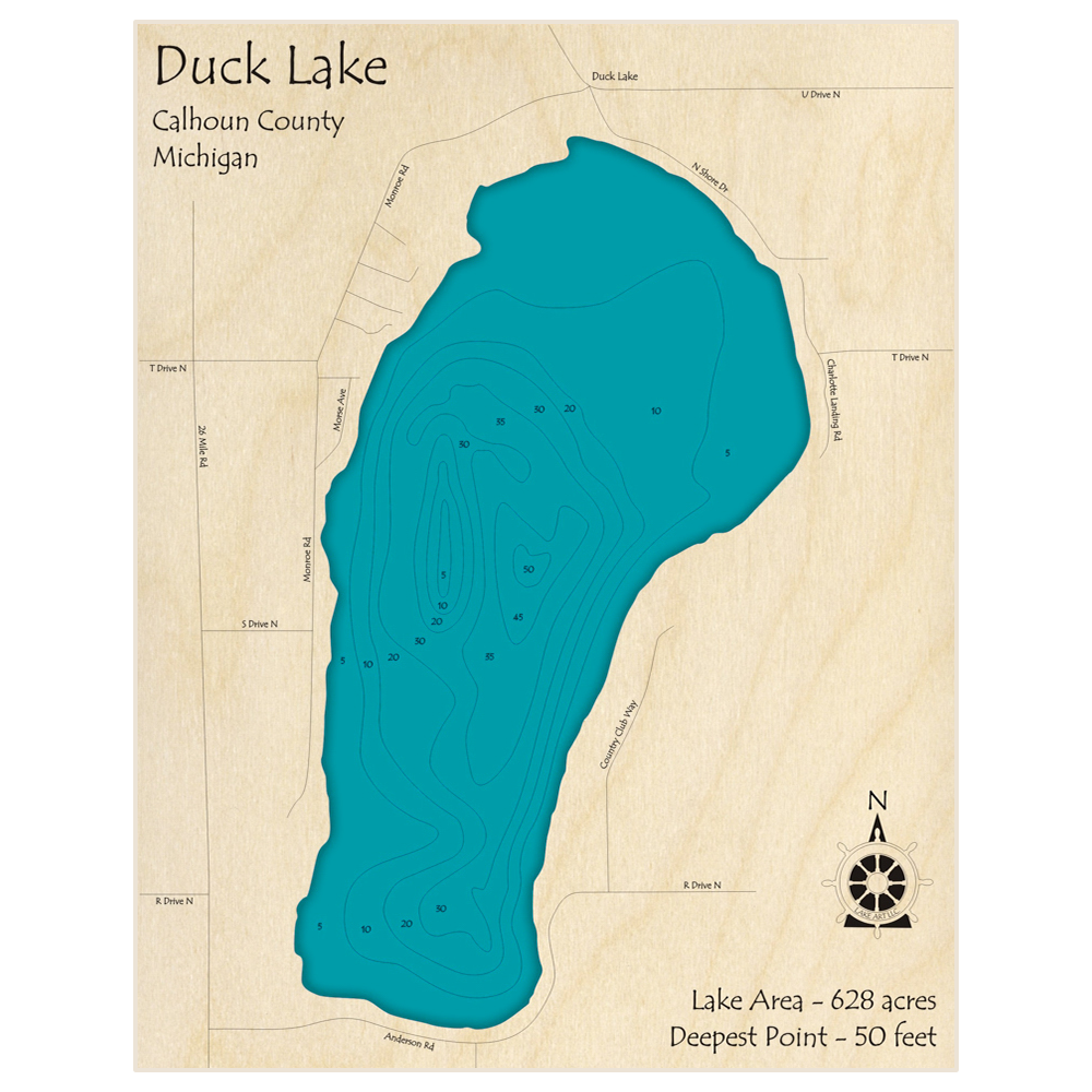 Bathymetric topo map of Duck Lake with roads, towns and depths noted in blue water