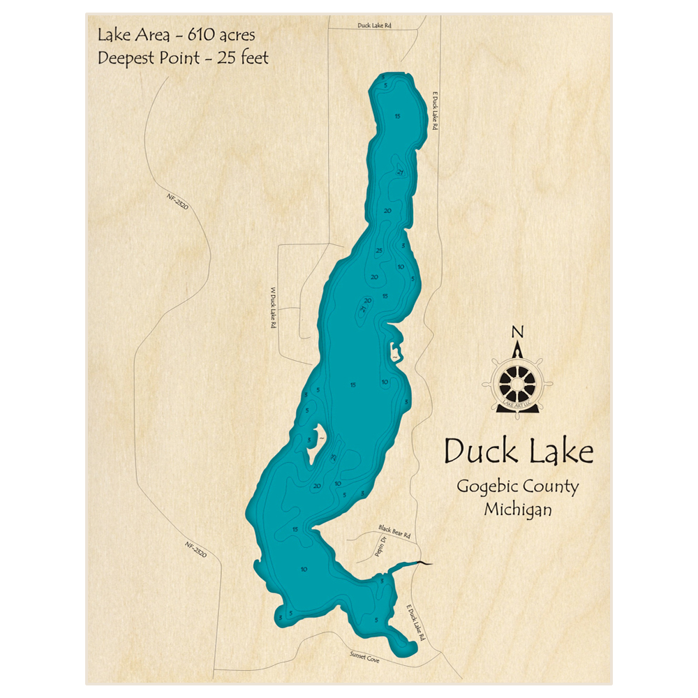 Bathymetric topo map of Duck Lake with roads, towns and depths noted in blue water