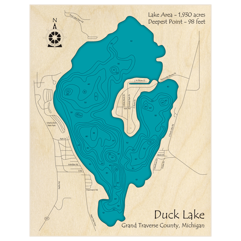 Bathymetric topo map of Duck Lake with roads, towns and depths noted in blue water