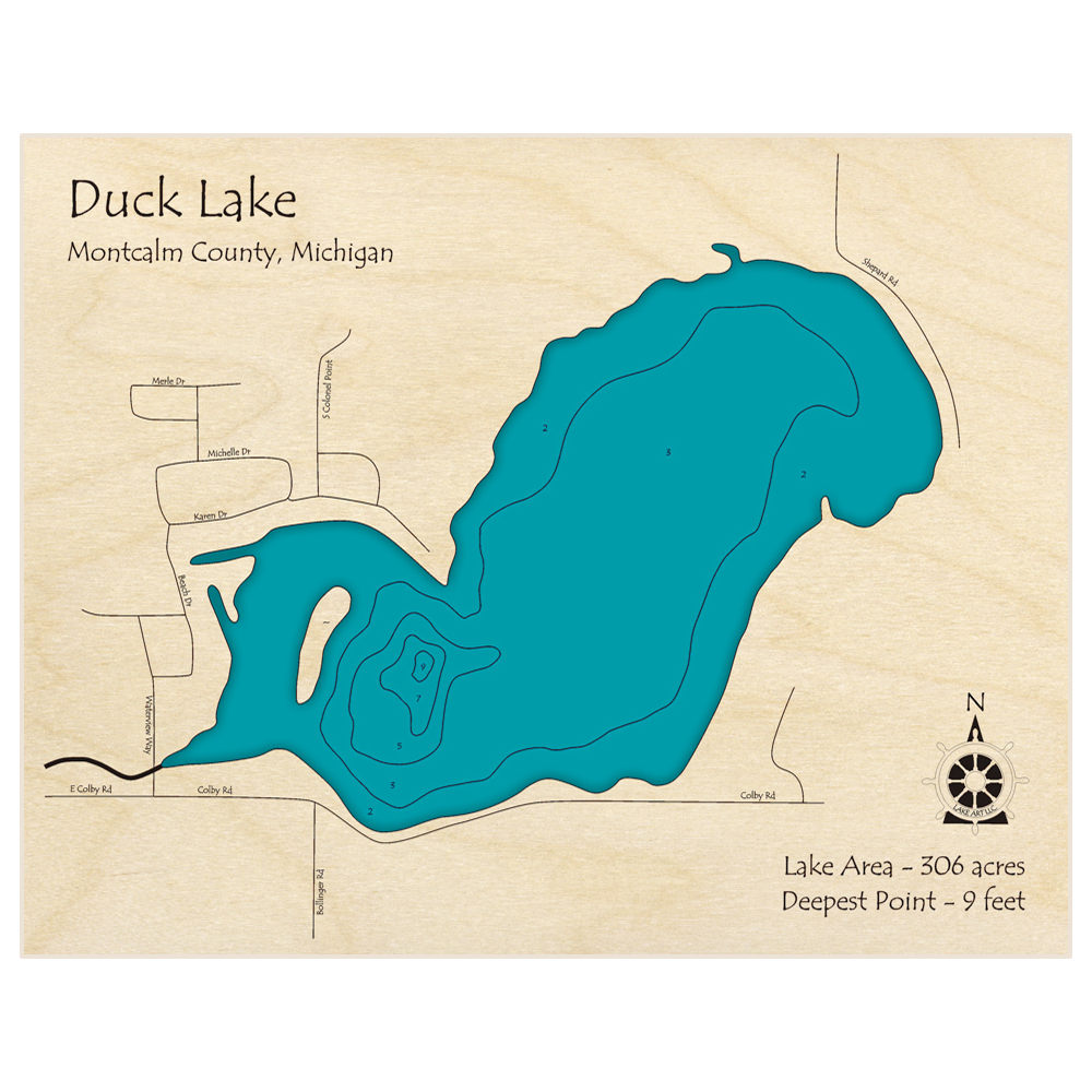 Bathymetric topo map of Duck Lake with roads, towns and depths noted in blue water